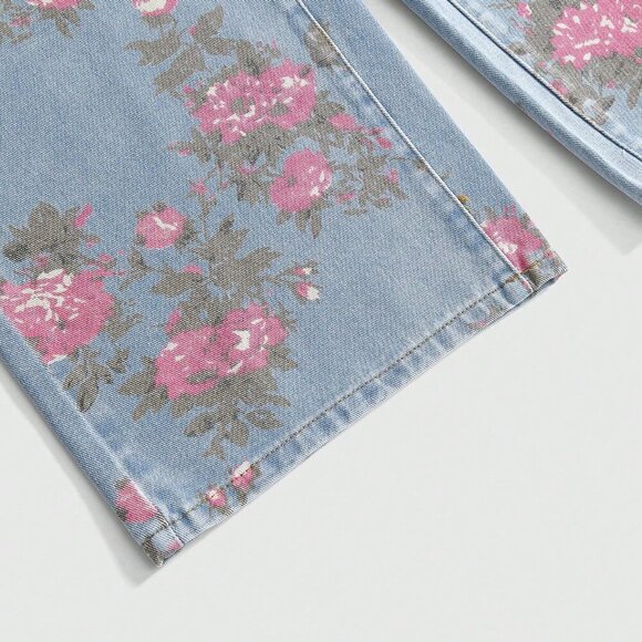 Pink Casual Women's Floral Print Washed Loose Wide-Leg Denim Jeans - Picture 3 of 4